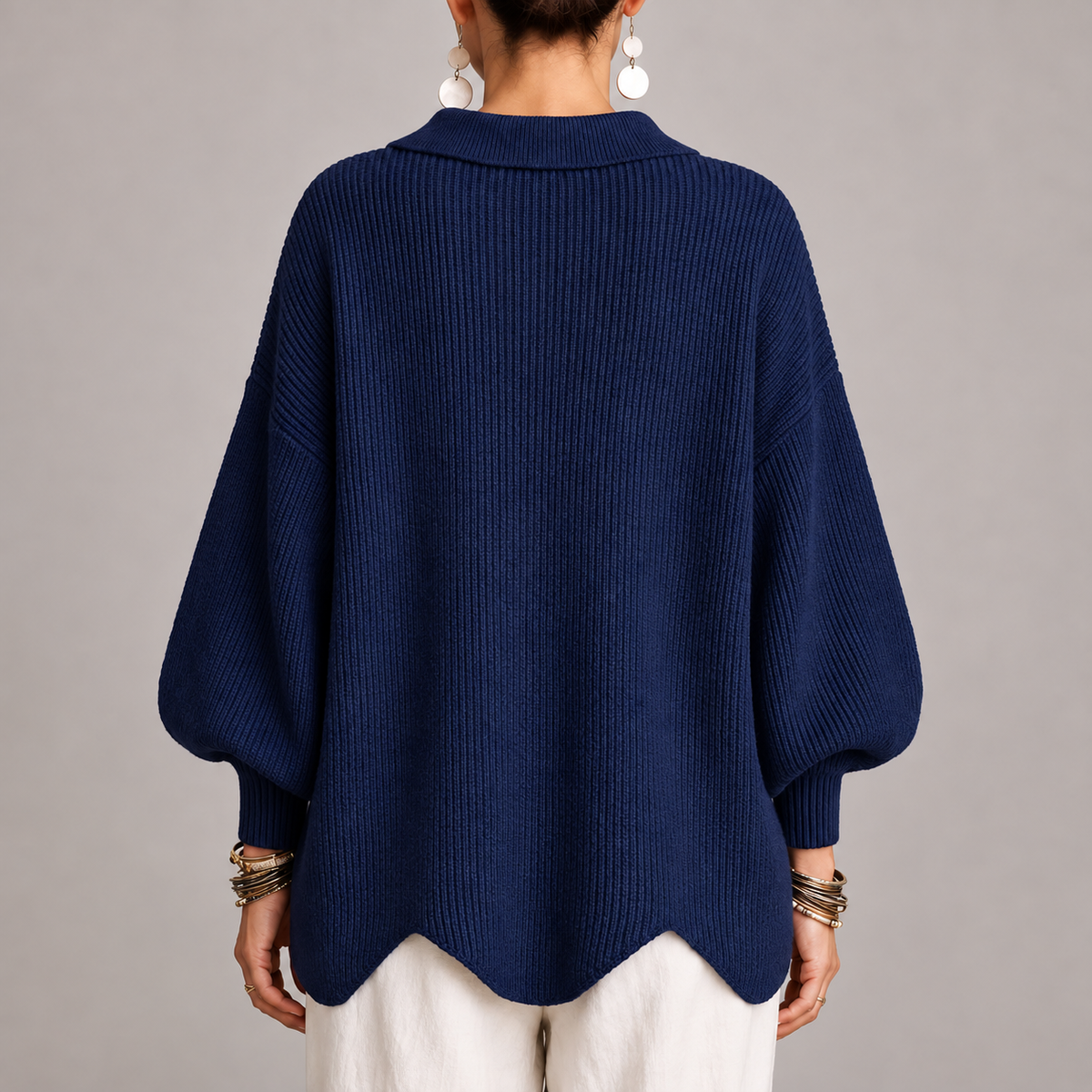 Milena | Cárdigan Oversize Canalé con Bajo Ondulado, Azul Marino