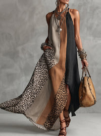 Lucia | Vestido largo halter con estampado de leopardo e inserciones asimétricas