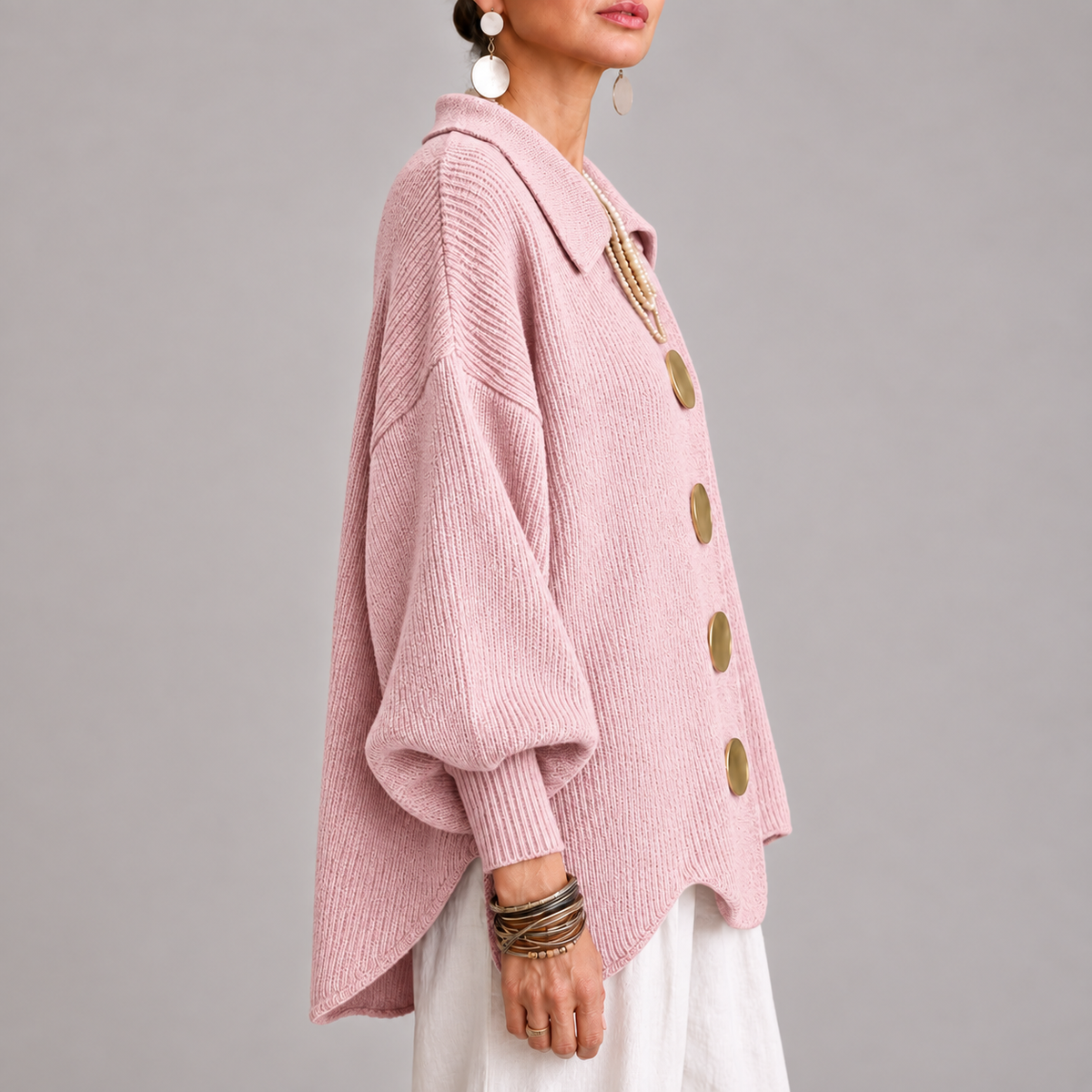 Natalia | Cárdigan Oversize Canalé con Bajo Ondulado, Rosa Empolvado