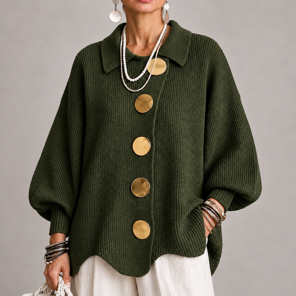 Elvira | Cárdigan Oversize Canalé con Bajo Ondulado, Verde Oliva