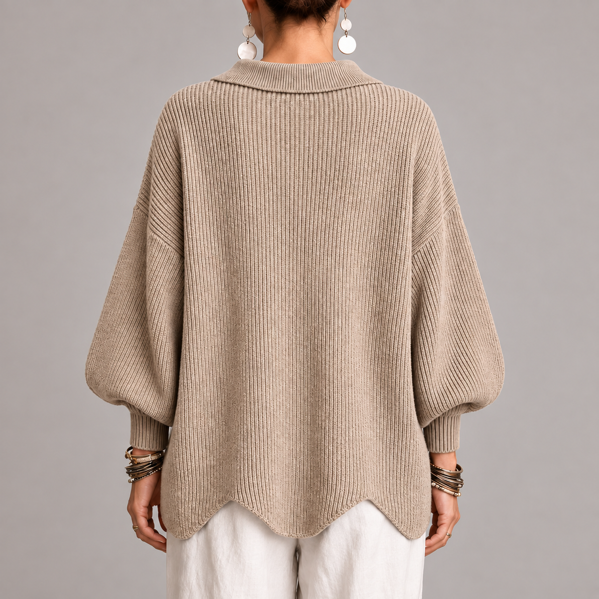 Yolanda | Cárdigan Oversize Canalé con Bajo Ondulado, Beige Arena