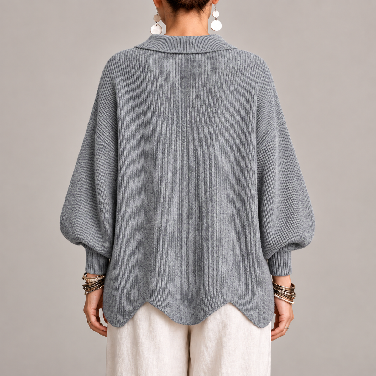 Rosanna | Cárdigan Oversize Canalé con Bajo Ondulado, Gris
