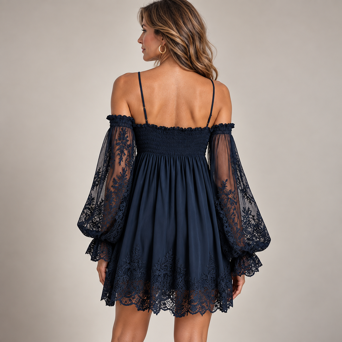 Noemi | Minivestido de Gasa y Encaje Azul Marino