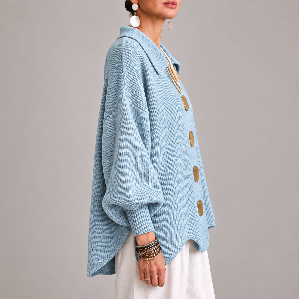 Oriana | Cárdigan Oversize Canalé con Bajo Ondulado, Azul Polvo