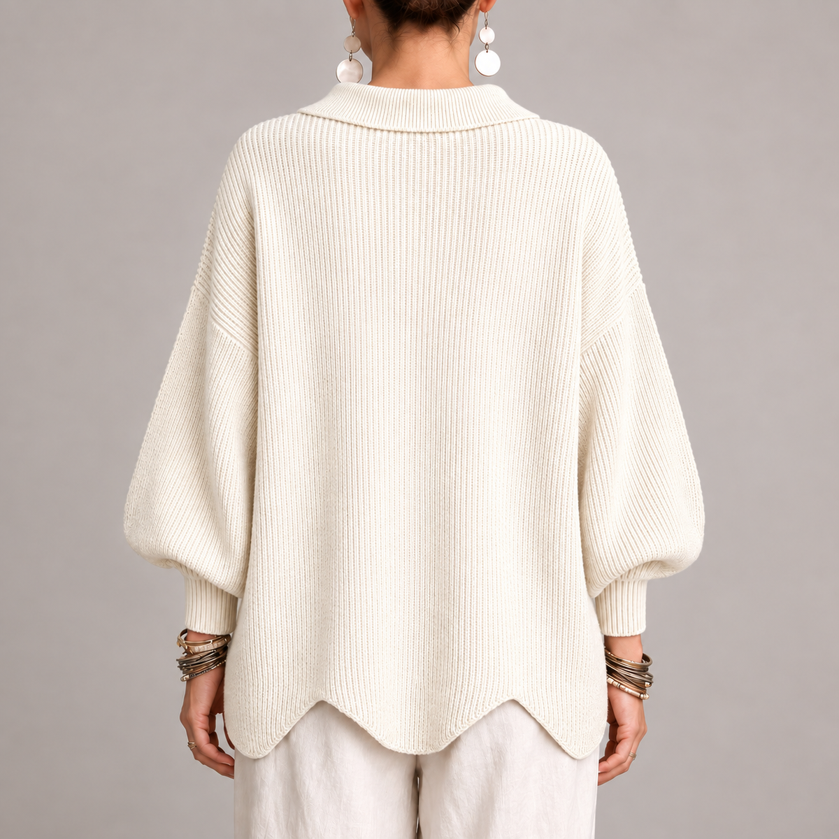 Gema | Cárdigan Oversize Canalé con Bajo Ondulado, Marfil