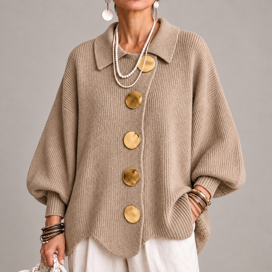 Yolanda | Cárdigan Oversize Canalé con Bajo Ondulado, Beige Arena