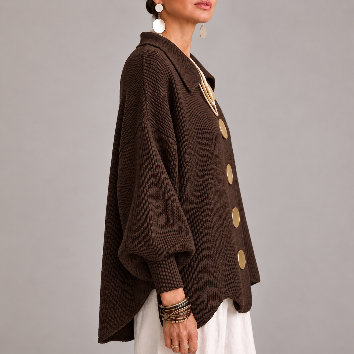 Graciela | Cárdigan Oversize Canalé con Bajo Ondulado, Marrón Chocolate