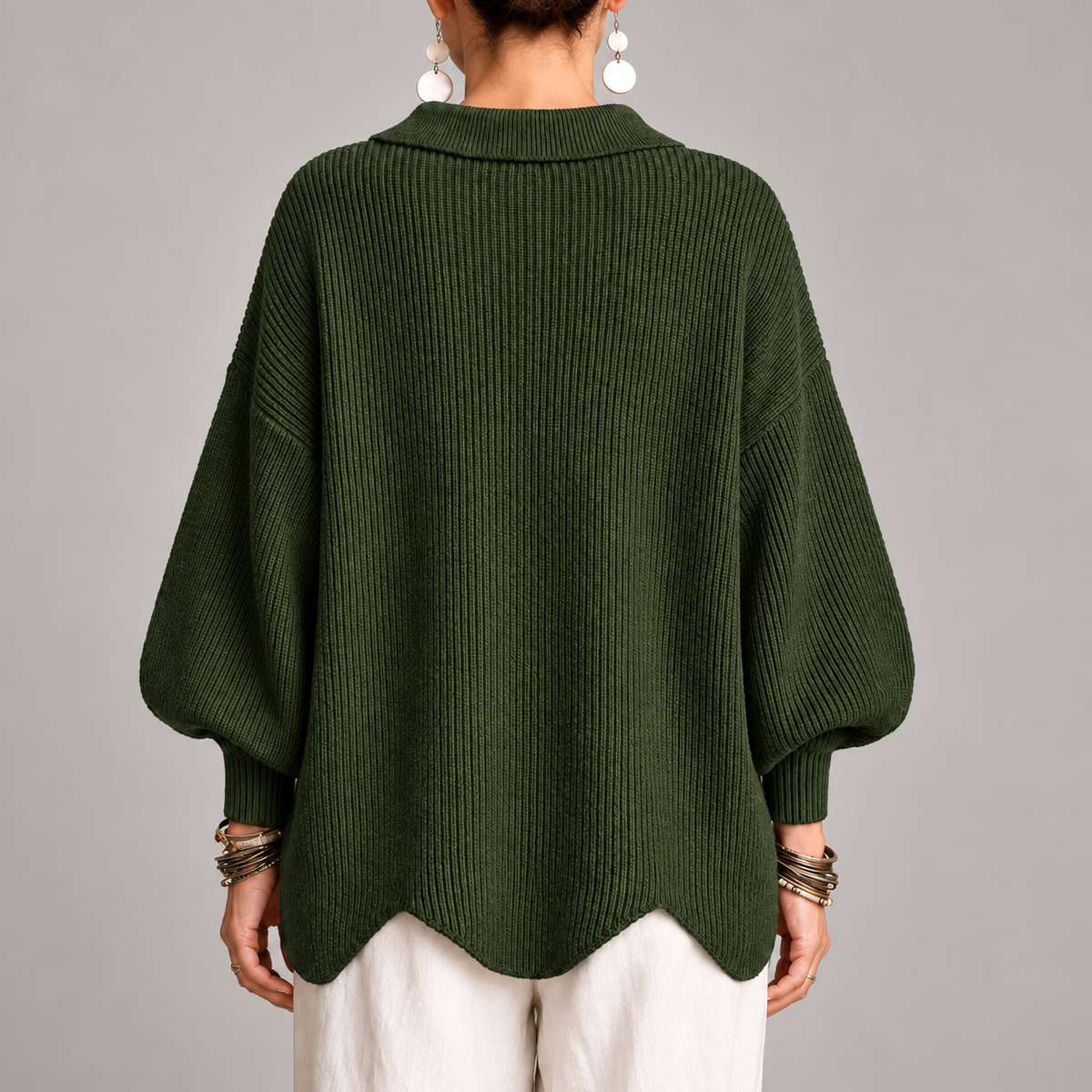 Elvira | Cárdigan Oversize Canalé con Bajo Ondulado, Verde Oliva