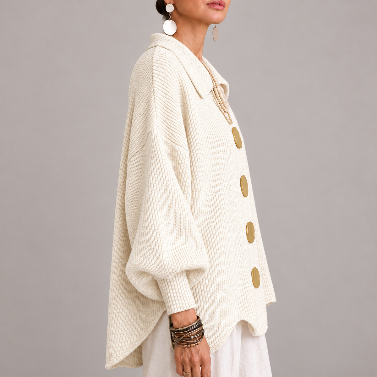 Gema | Cárdigan Oversize Canalé con Bajo Ondulado, Marfil