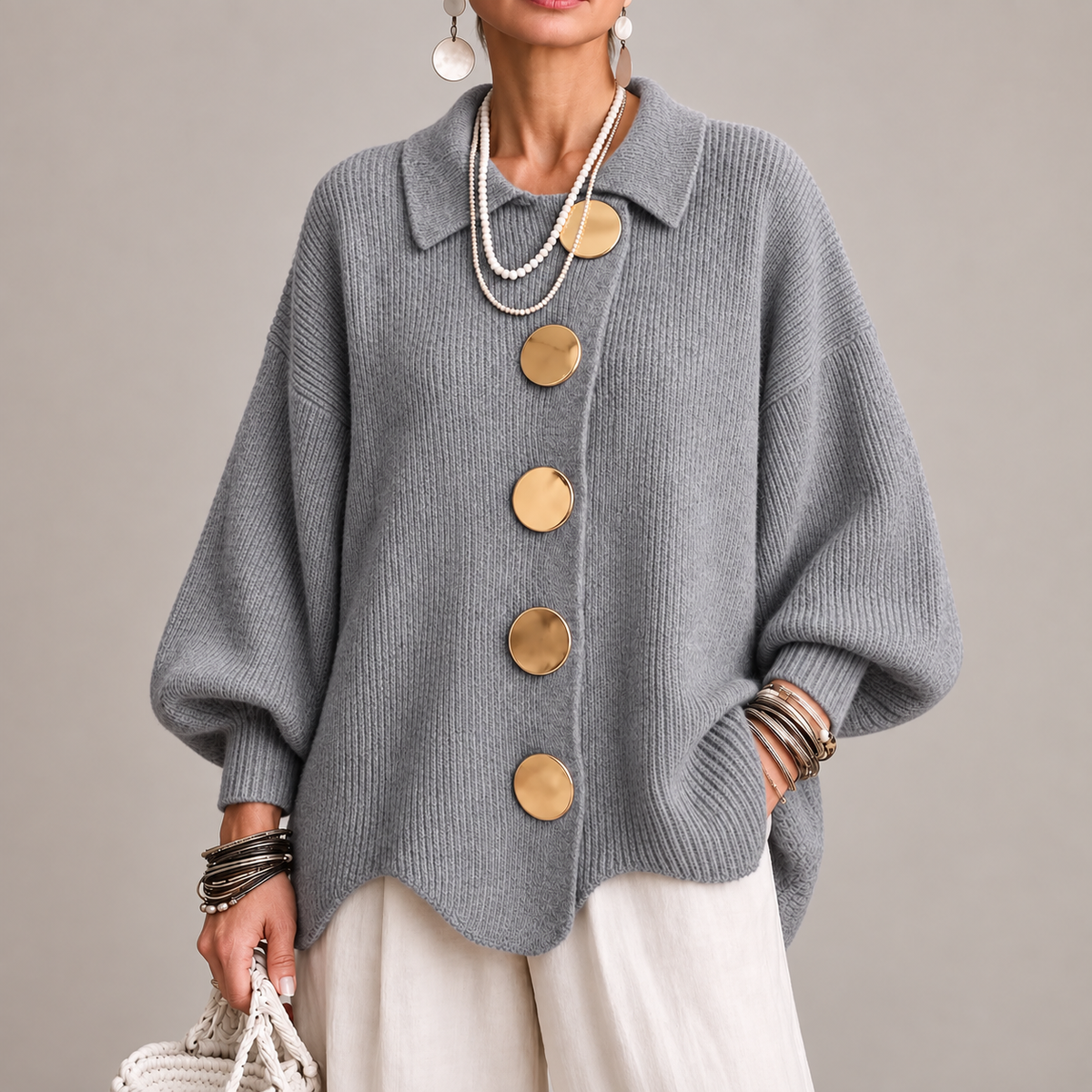 Rosanna | Cárdigan Oversize Canalé con Bajo Ondulado, Gris
