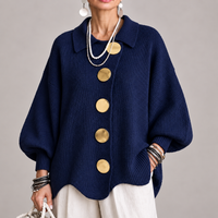 Milena | Cárdigan Oversize Canalé con Bajo Ondulado, Azul Marino