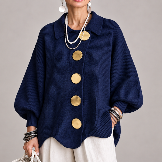 Milena | Cárdigan Oversize Canalé con Bajo Ondulado, Azul Marino