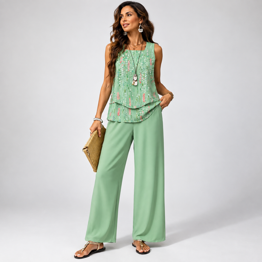 Maravillas | Conjunto Verde Menta Top en Capas y Pantalón