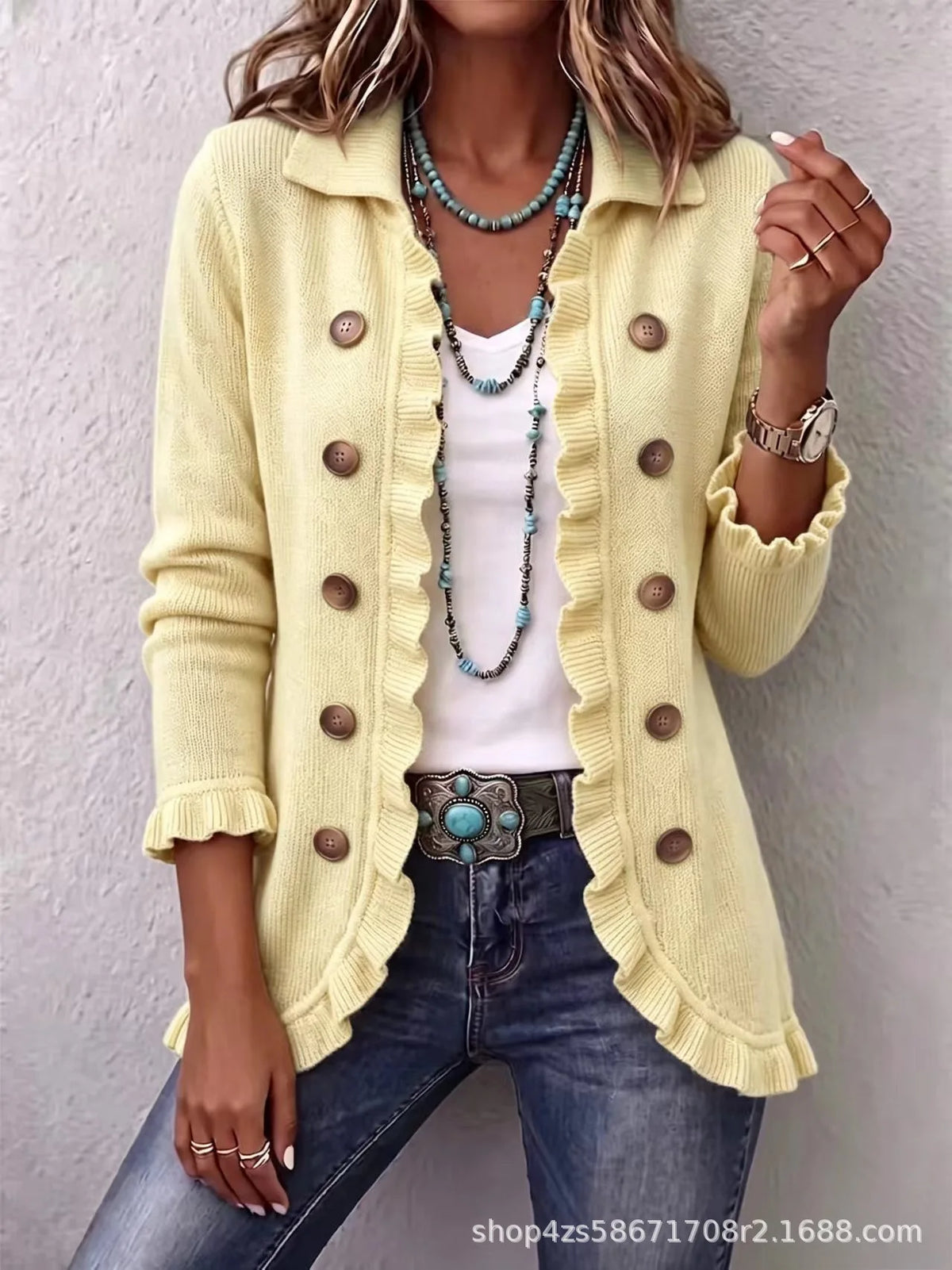 Chaqueta de Punto con Volantes - Amarillo