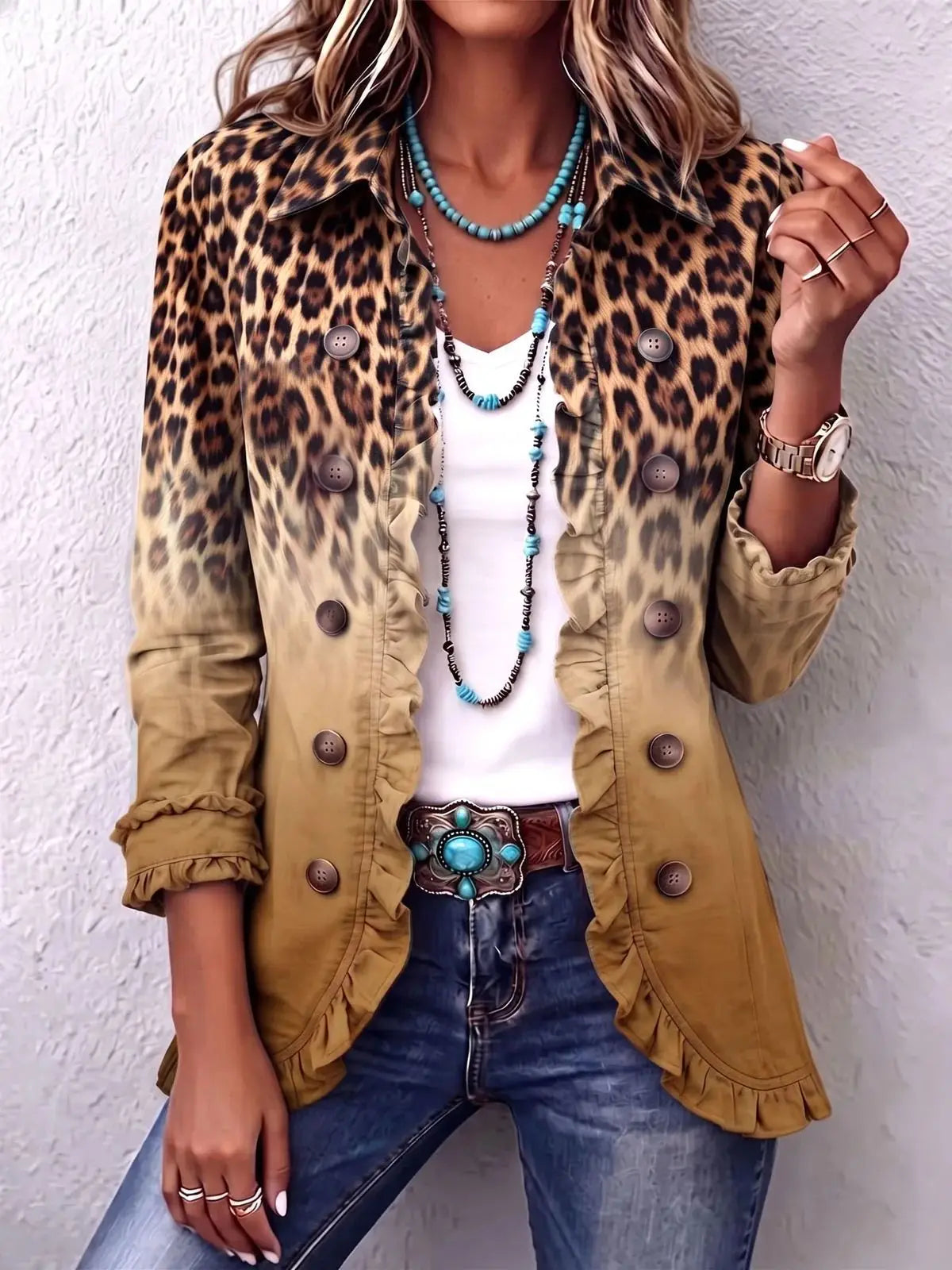Chaqueta Leopardo Degradado con Volantes - Mostaza
