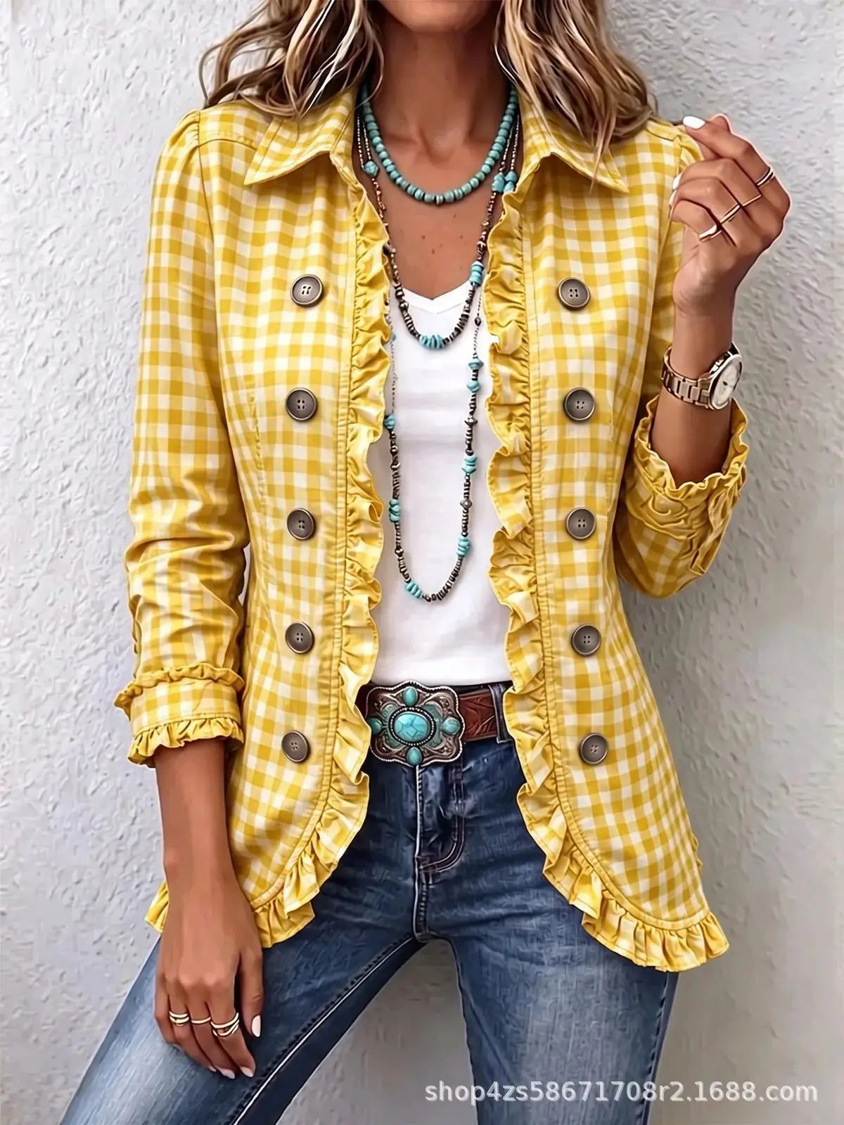 Chaqueta de cuadros vichy con volantes - Amarillo
