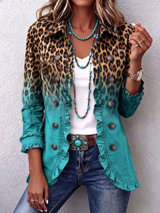 Chaqueta Leopardo Degradado con Volantes - Turquesa