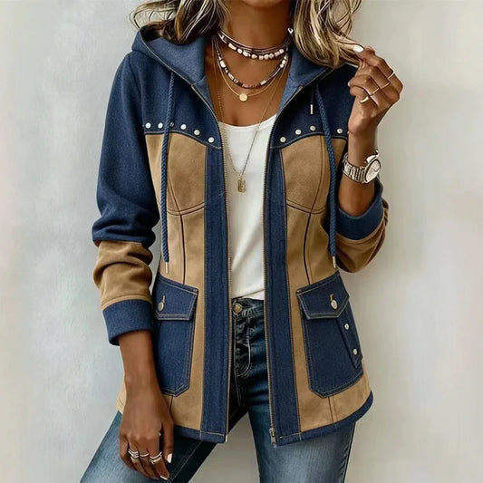 Chaqueta con capucha marino y camel