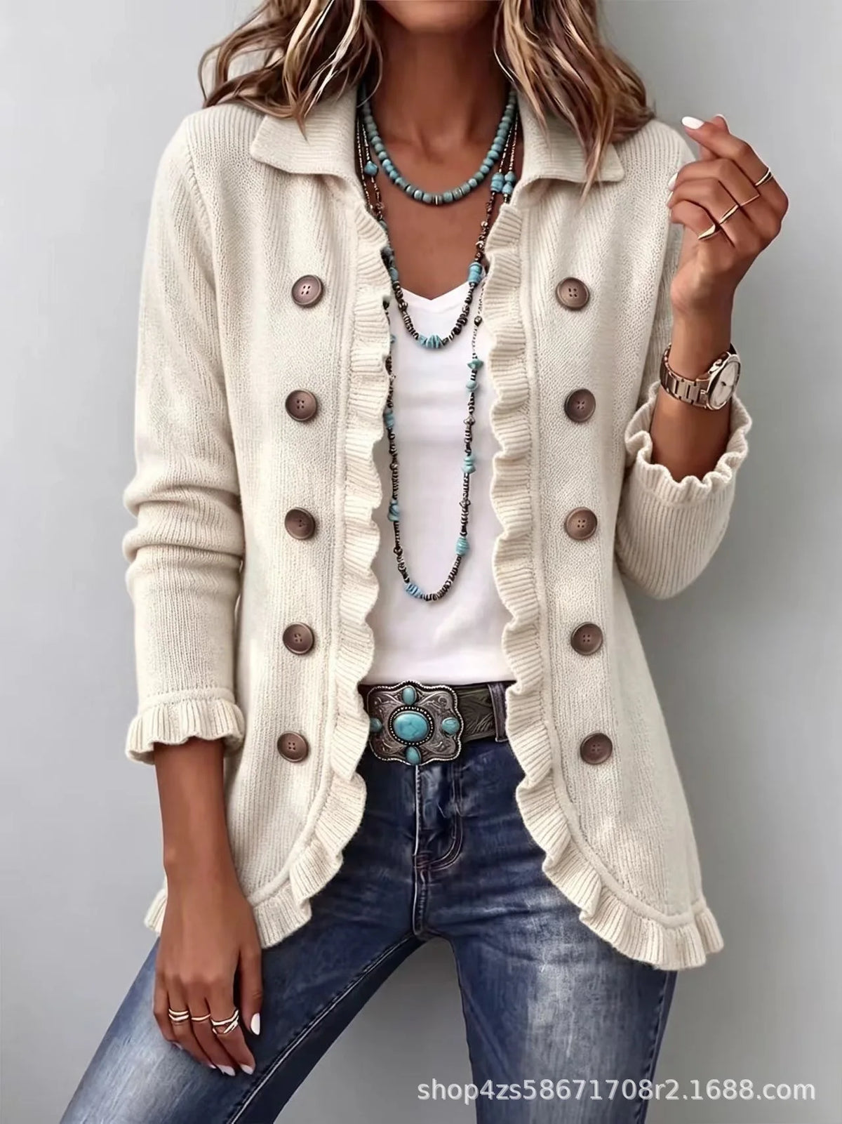 Chaqueta de Punto con Volantes - Crema