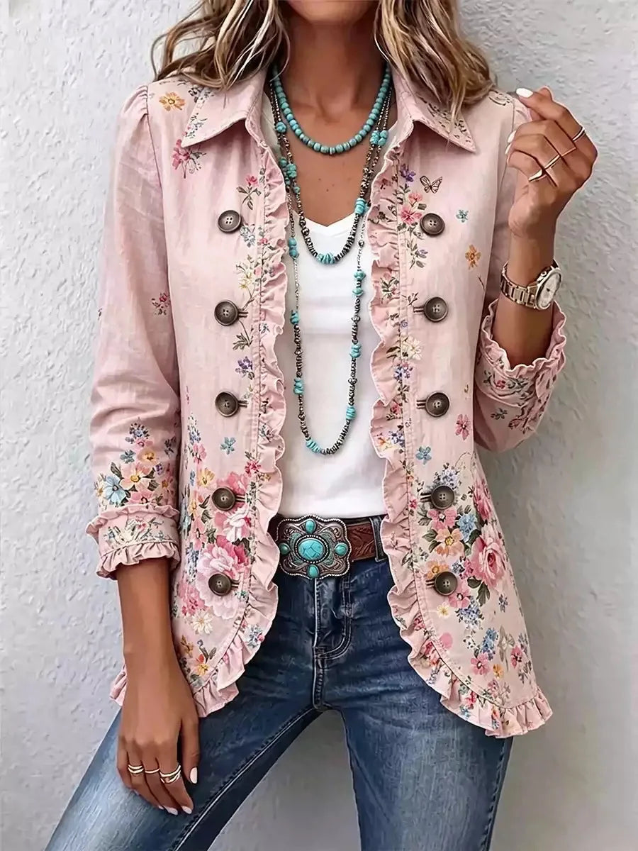 Chaqueta floral rosa con volantes
