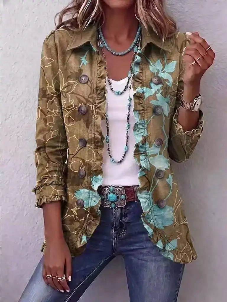Chaqueta floral oliva y turquesa con volantes