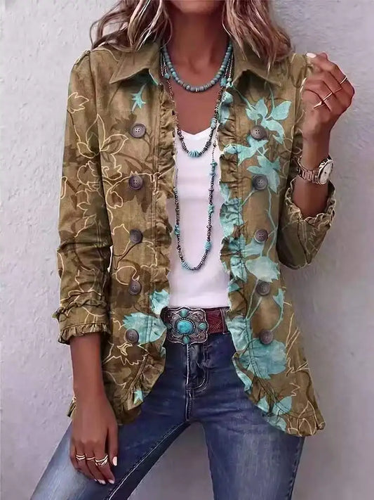 Chaqueta floral oliva y turquesa con volantes