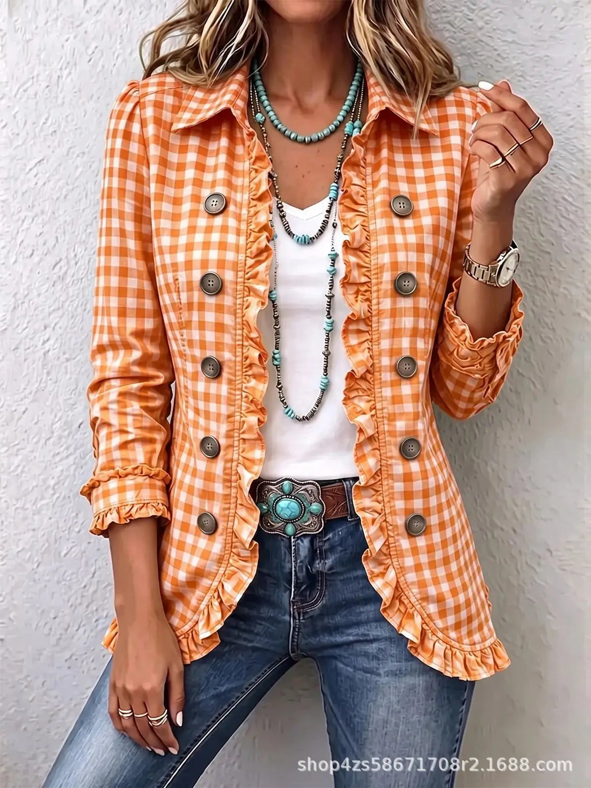Chaqueta de cuadros vichy con volantes - Naranja