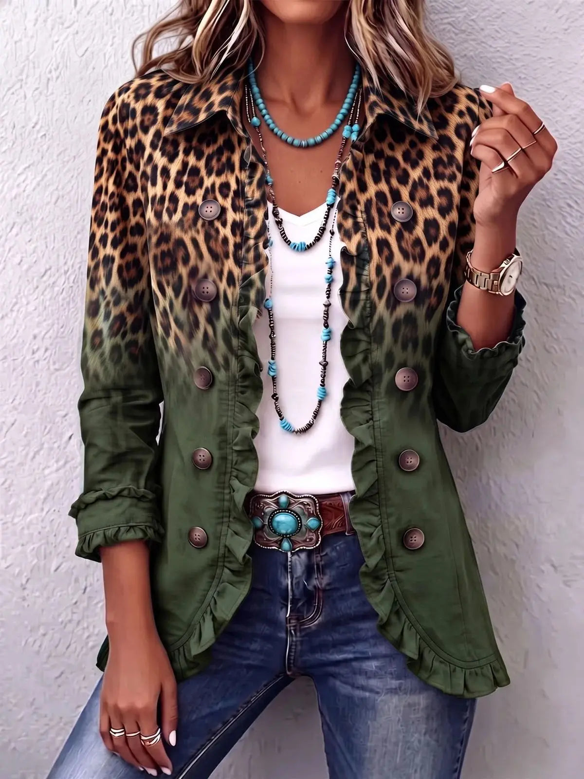 Chaqueta Leopardo Degradado con Volantes - Verde