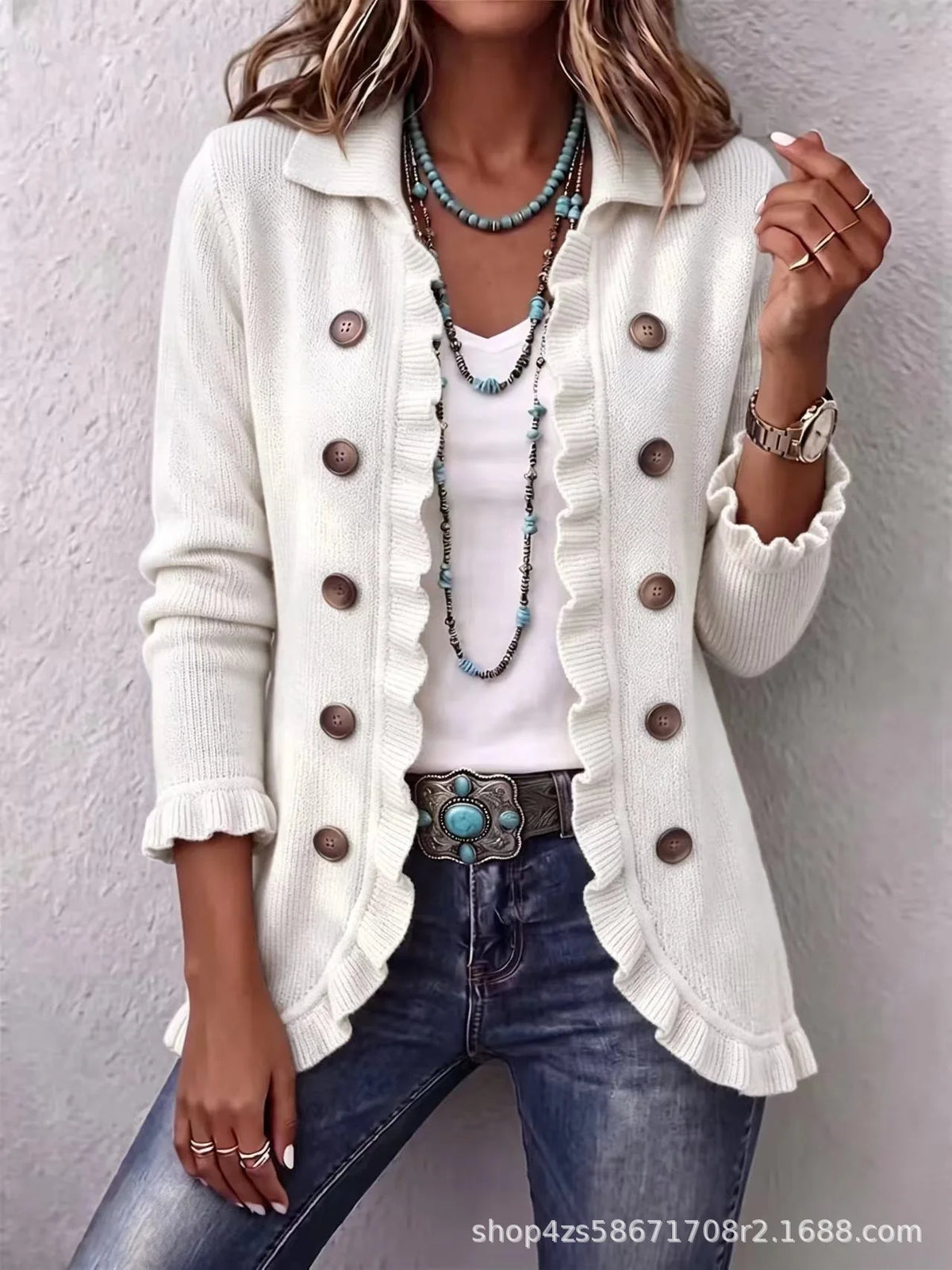 Chaqueta de Punto con Volantes - Blanco