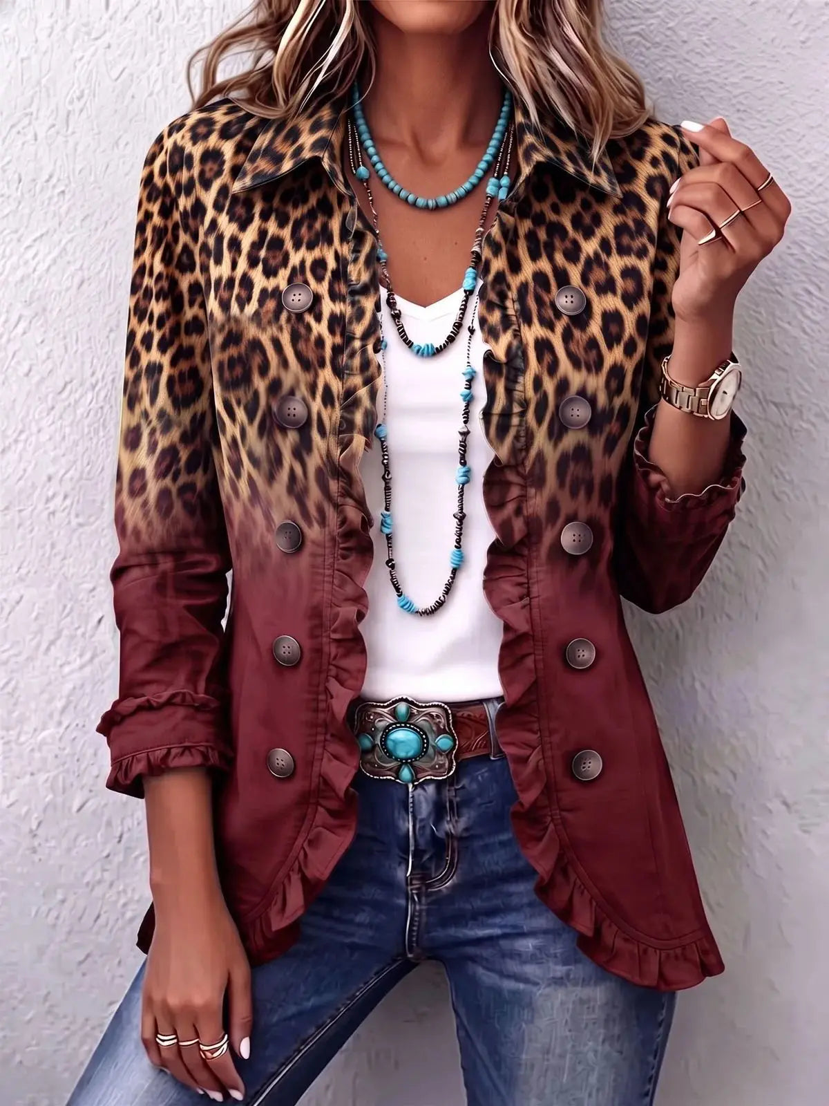 Chaqueta Leopardo Degradado con Volantes - Burdeos