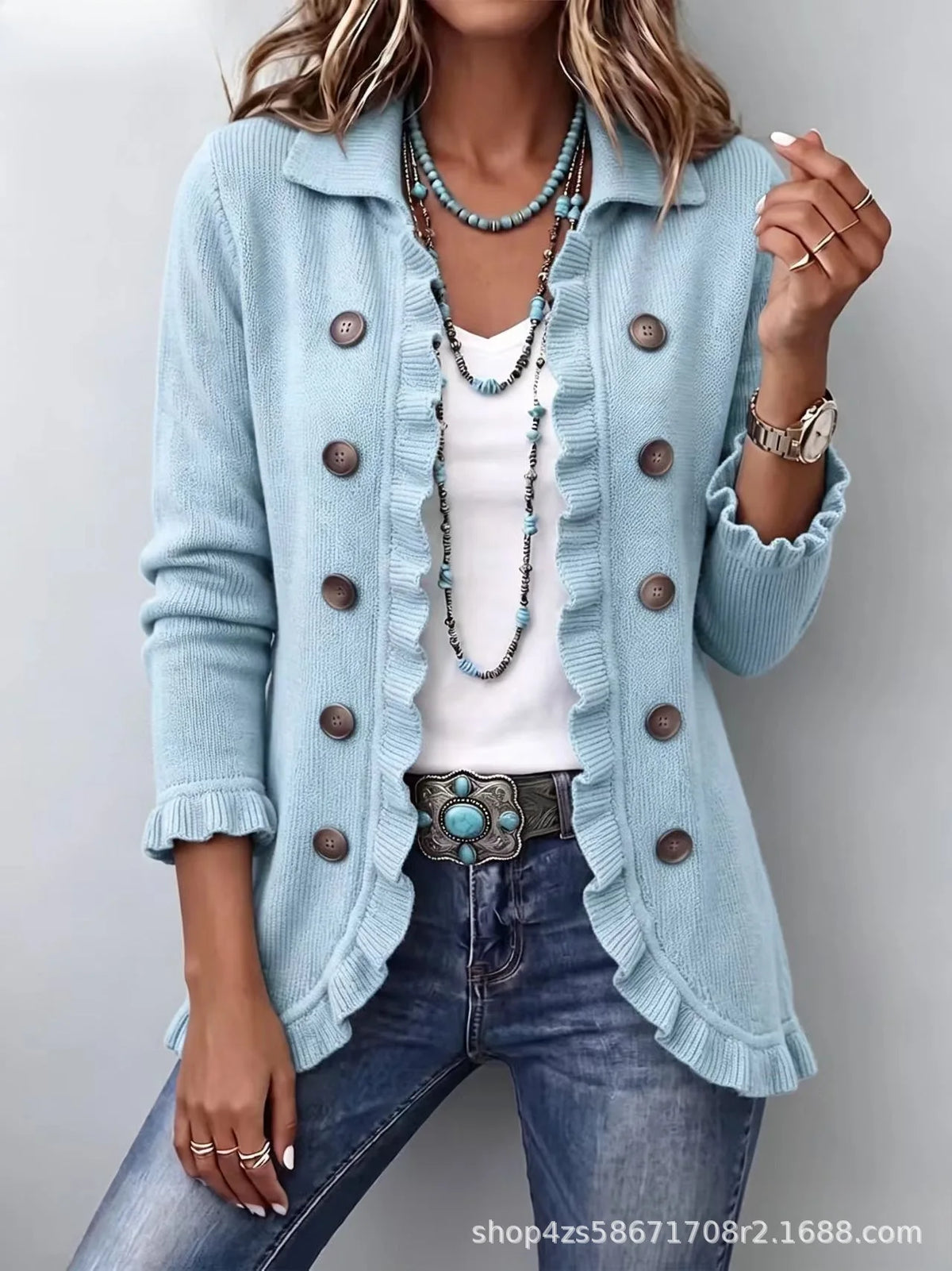 Chaqueta de Punto con Volantes - Azul cielo