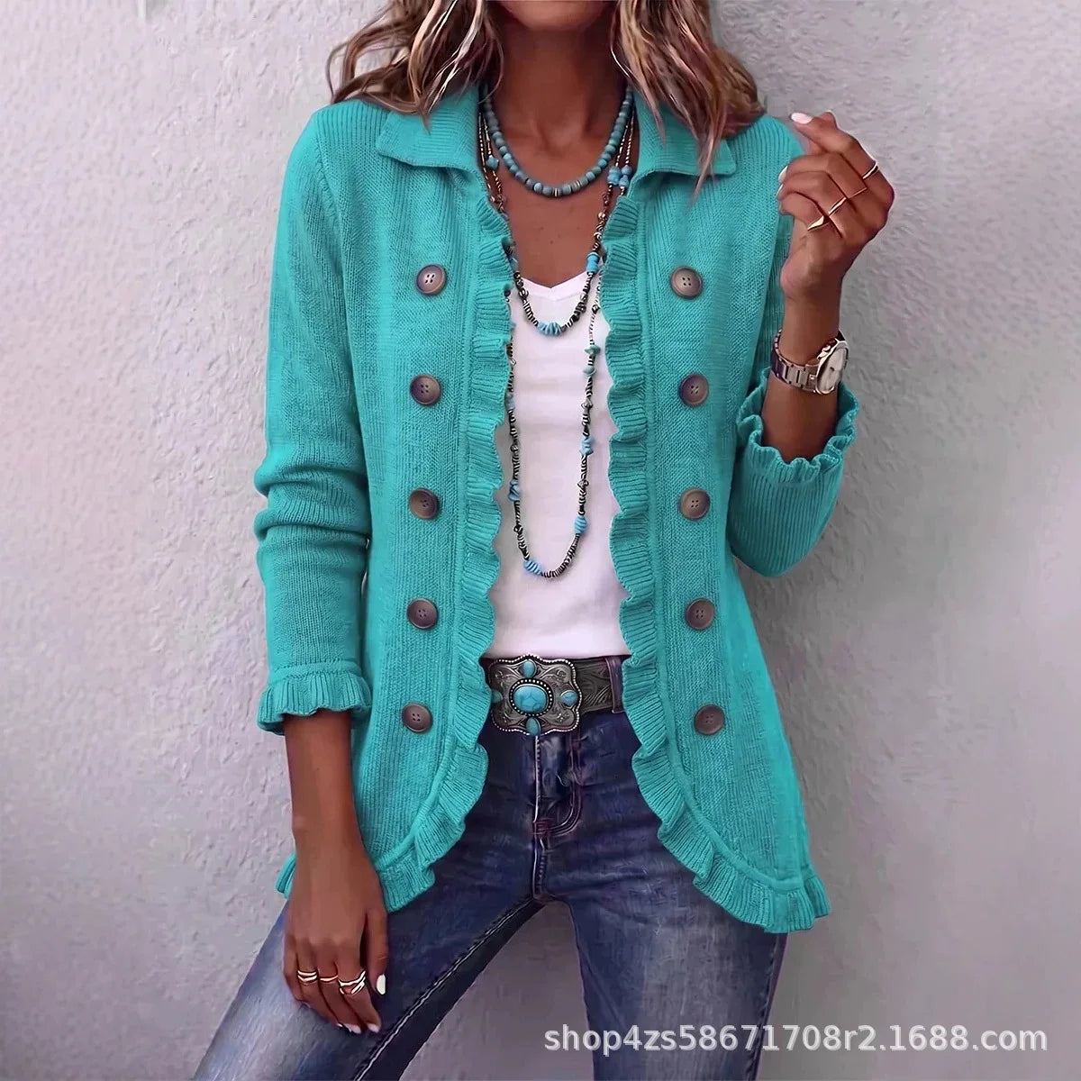Chaqueta de Punto con Volantes - Turquesa