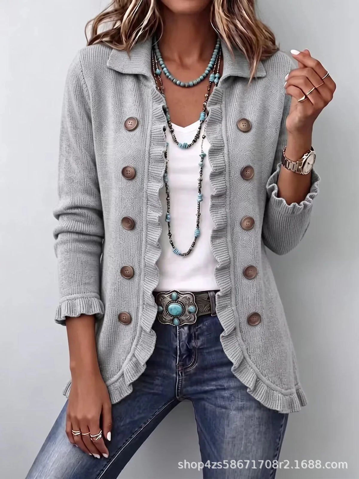 Chaqueta de Punto con Volantes - Gris