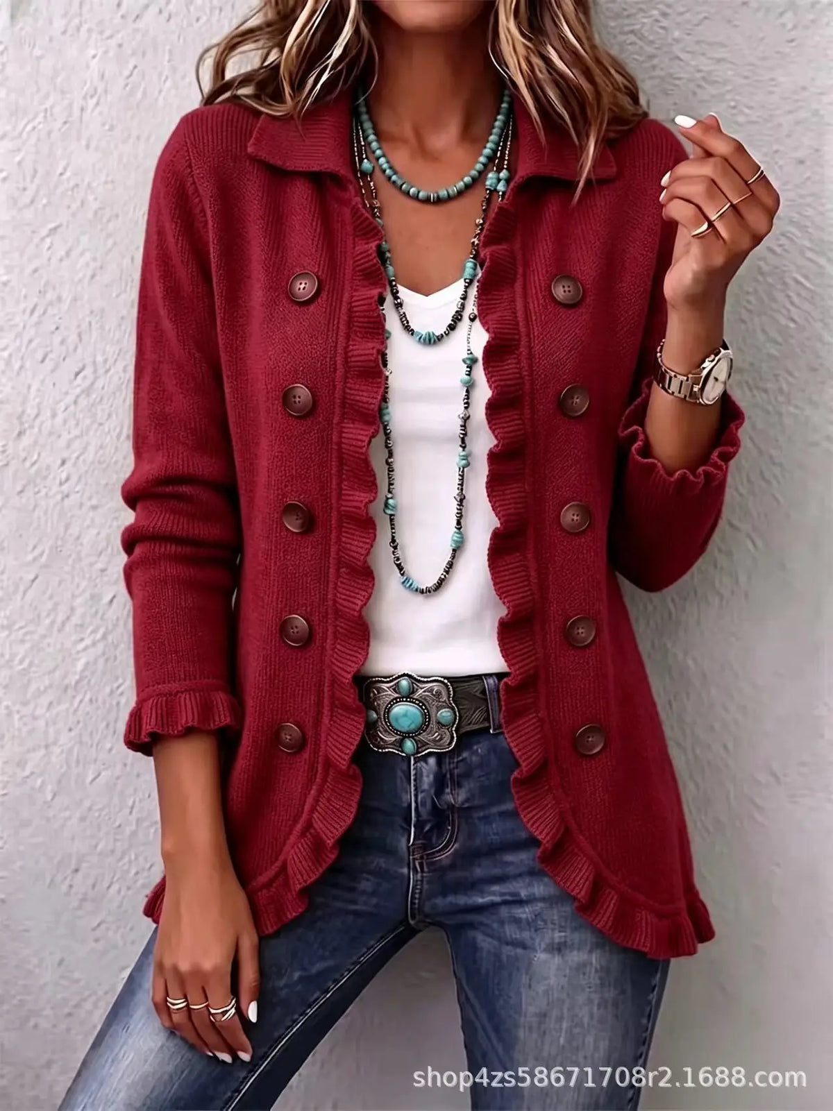 Chaqueta de Punto con Volantes - Rojo