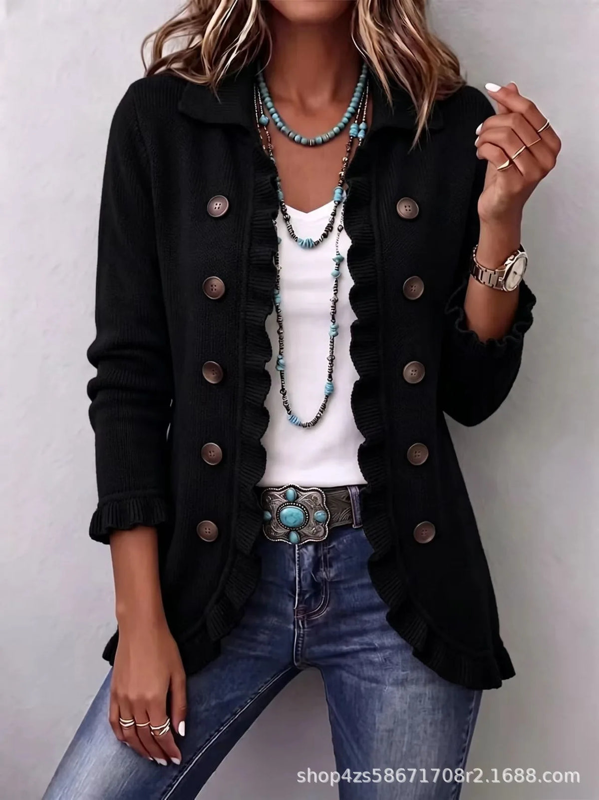Chaqueta de Punto con Volantes - Negro