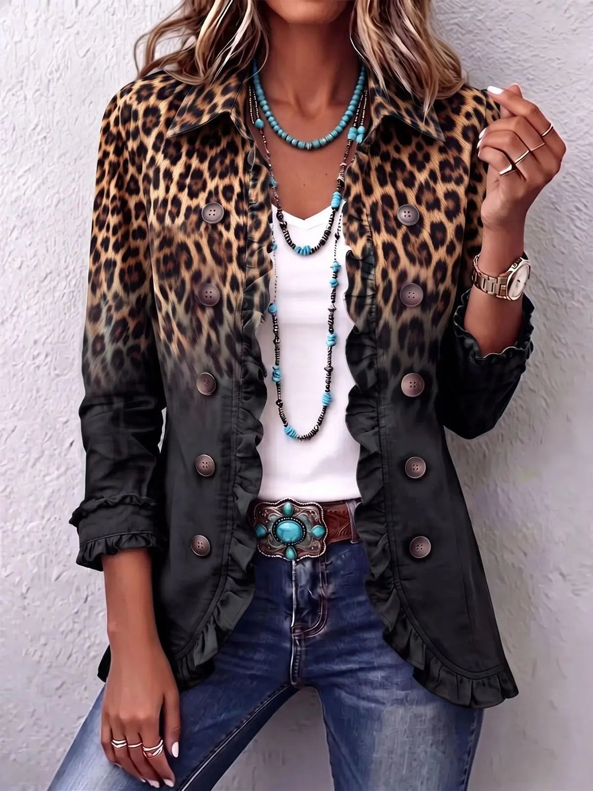 Chaqueta Leopardo Degradado con Volantes - Negro