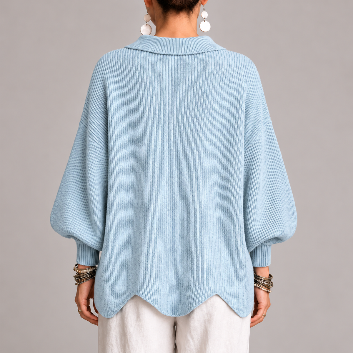 Oriana | Cárdigan Oversize Canalé con Bajo Ondulado, Azul Polvo