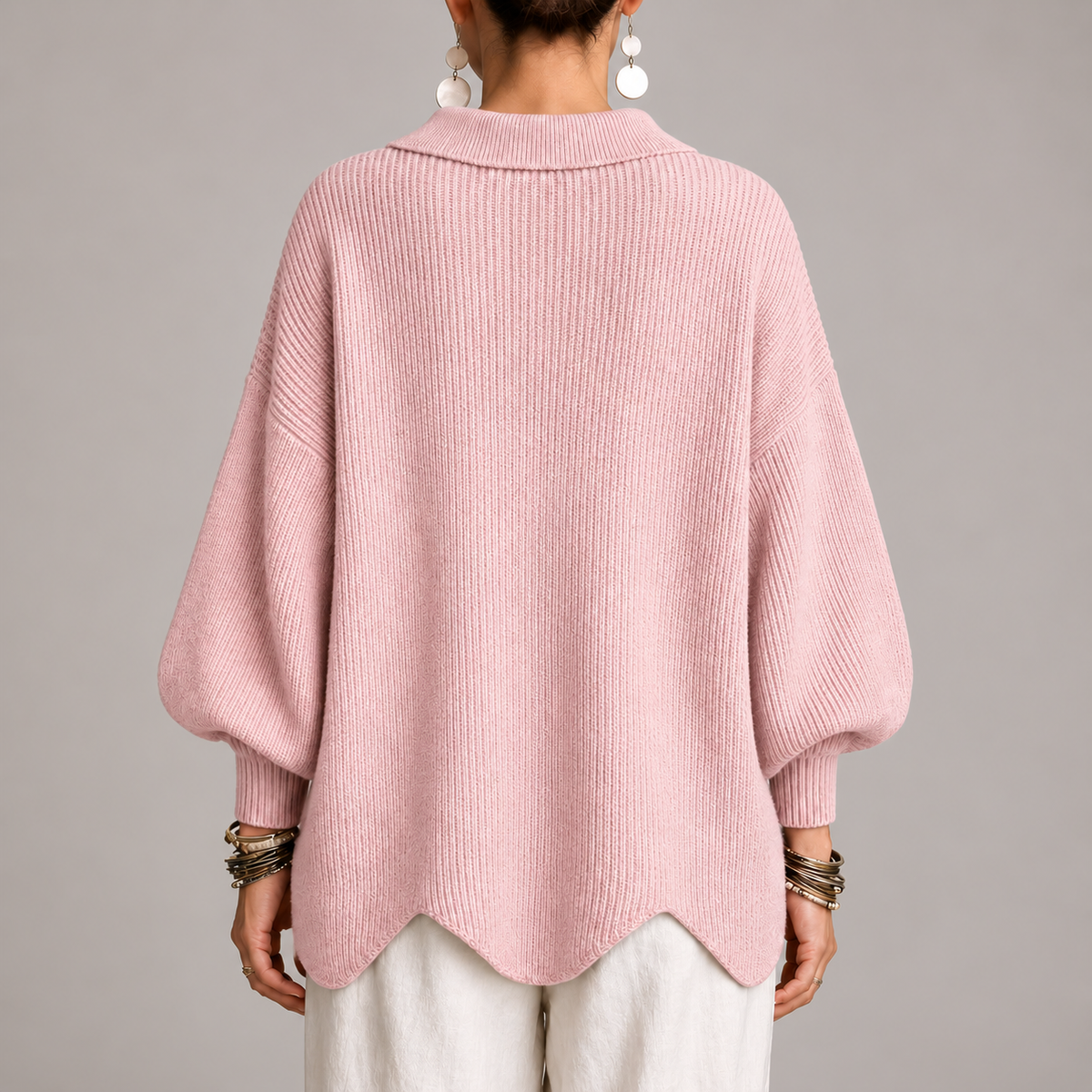Natalia | Cárdigan Oversize Canalé con Bajo Ondulado, Rosa Empolvado