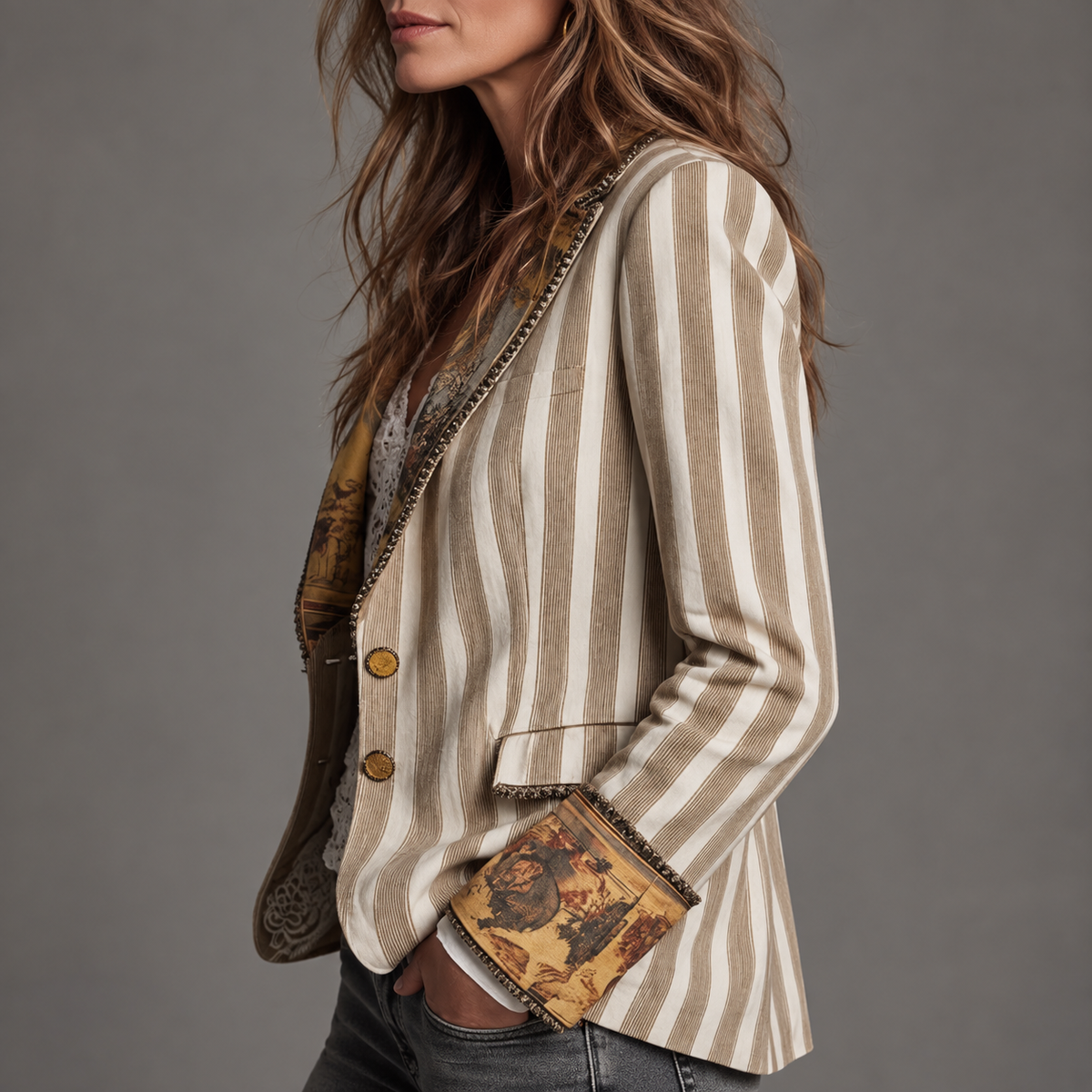 Sara - Blazer Bohemio a Rayas con Cuello Estampado