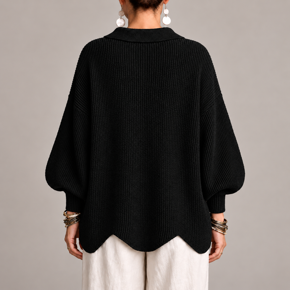 Magdalena | Cárdigan Oversize Canalé con Bajo Ondulado, Negro