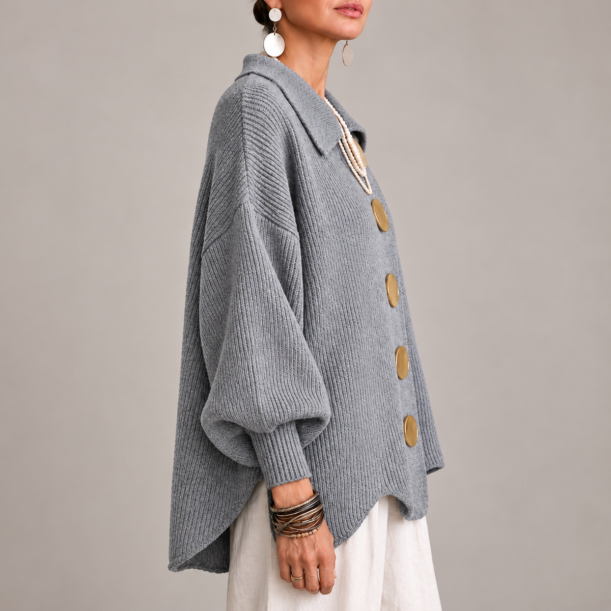 Rosanna | Cárdigan Oversize Canalé con Bajo Ondulado, Gris