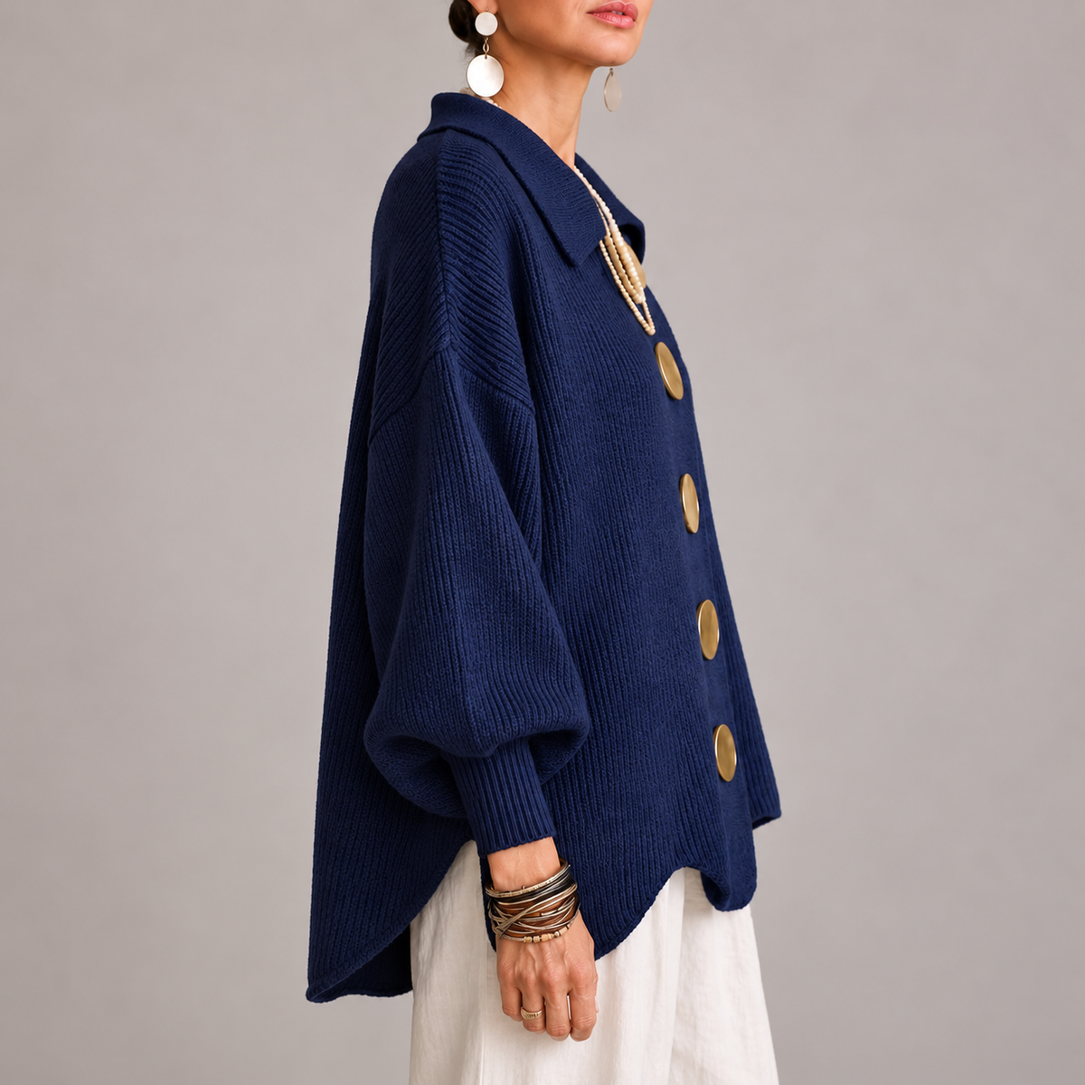 Milena | Cárdigan Oversize Canalé con Bajo Ondulado, Azul Marino