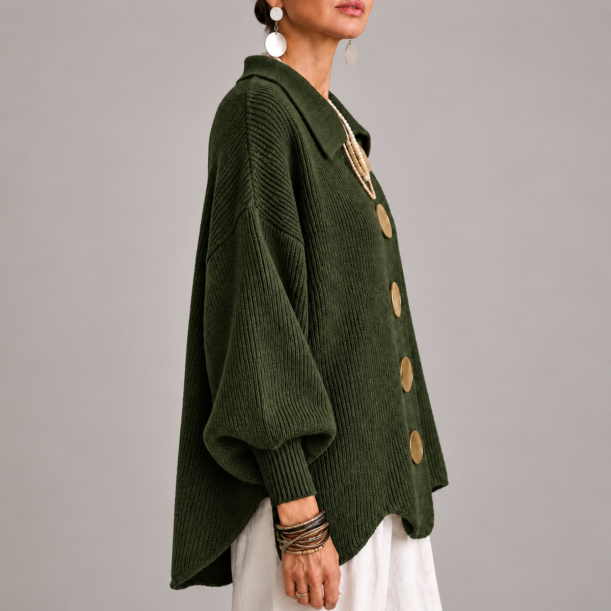 Elvira | Cárdigan Oversize Canalé con Bajo Ondulado, Verde Oliva