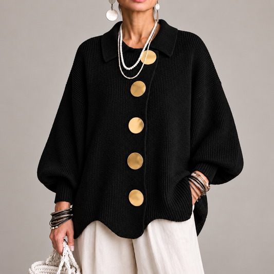 Magdalena | Cárdigan Oversize Canalé con Bajo Ondulado, Negro