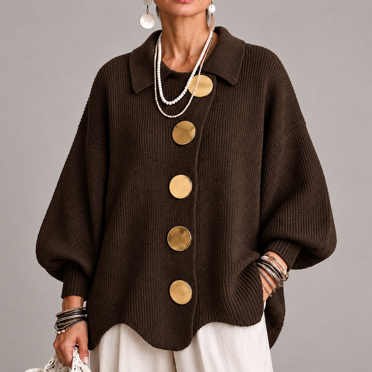 Graciela | Cárdigan Oversize Canalé con Bajo Ondulado, Marrón Chocolate
