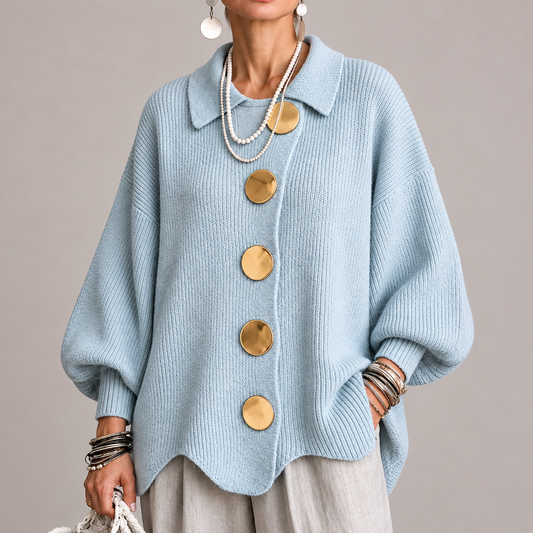 Oriana | Cárdigan Oversize Canalé con Bajo Ondulado, Azul Polvo