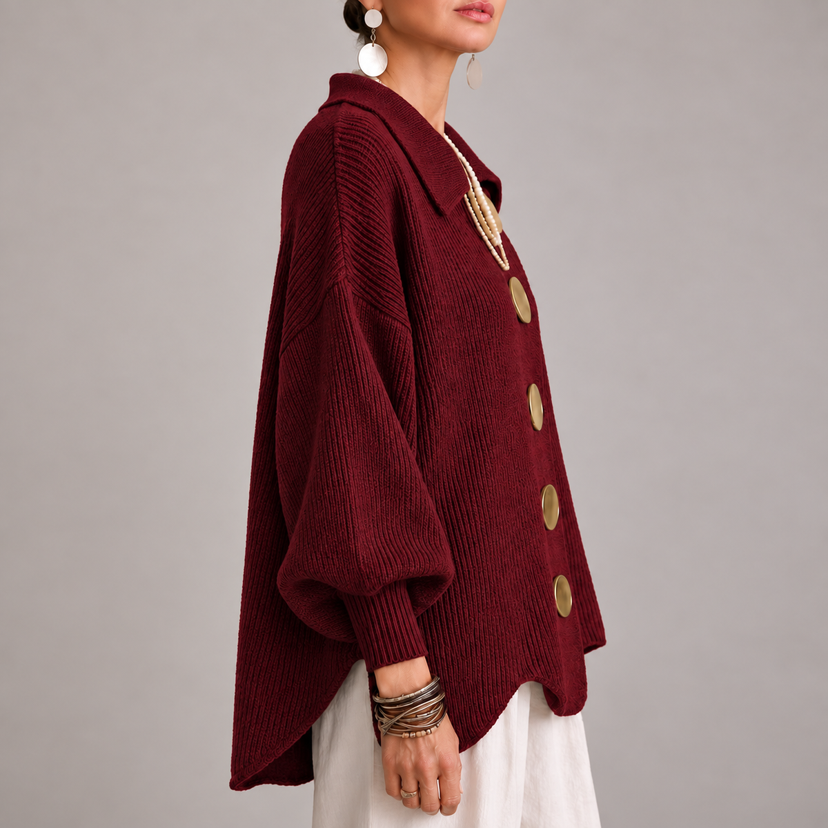 Lorena | Cárdigan Oversize Canalé con Bajo Ondulado, Burdeos
