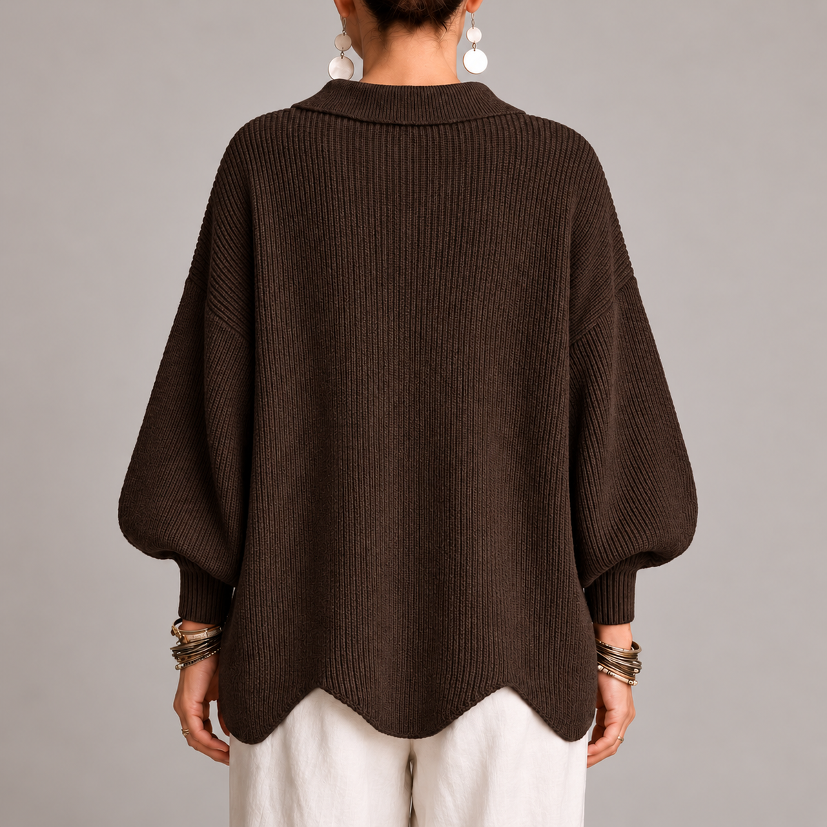 Graciela | Cárdigan Oversize Canalé con Bajo Ondulado, Marrón Chocolate